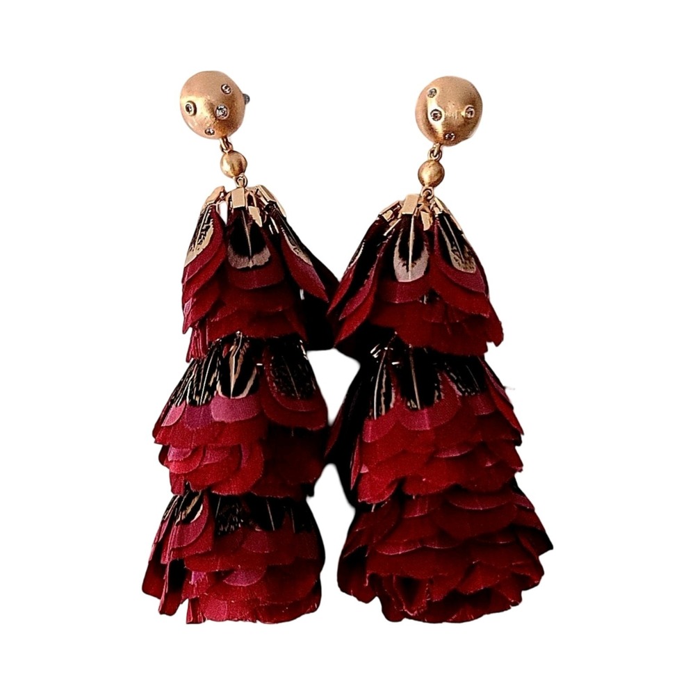 Kendra Scott Gold Black Burgundy Lenni Feather Statement Earrings New With Box